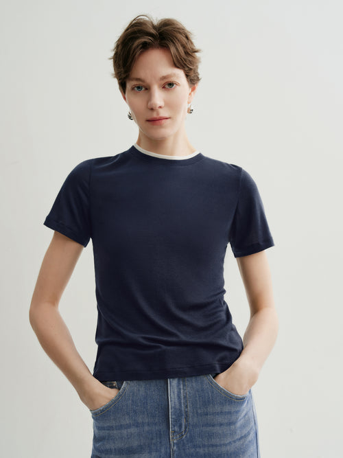 Load image 1 in gallery view. Slim-Fit Structured Shoulder Crewneck Short-Sleeve Top