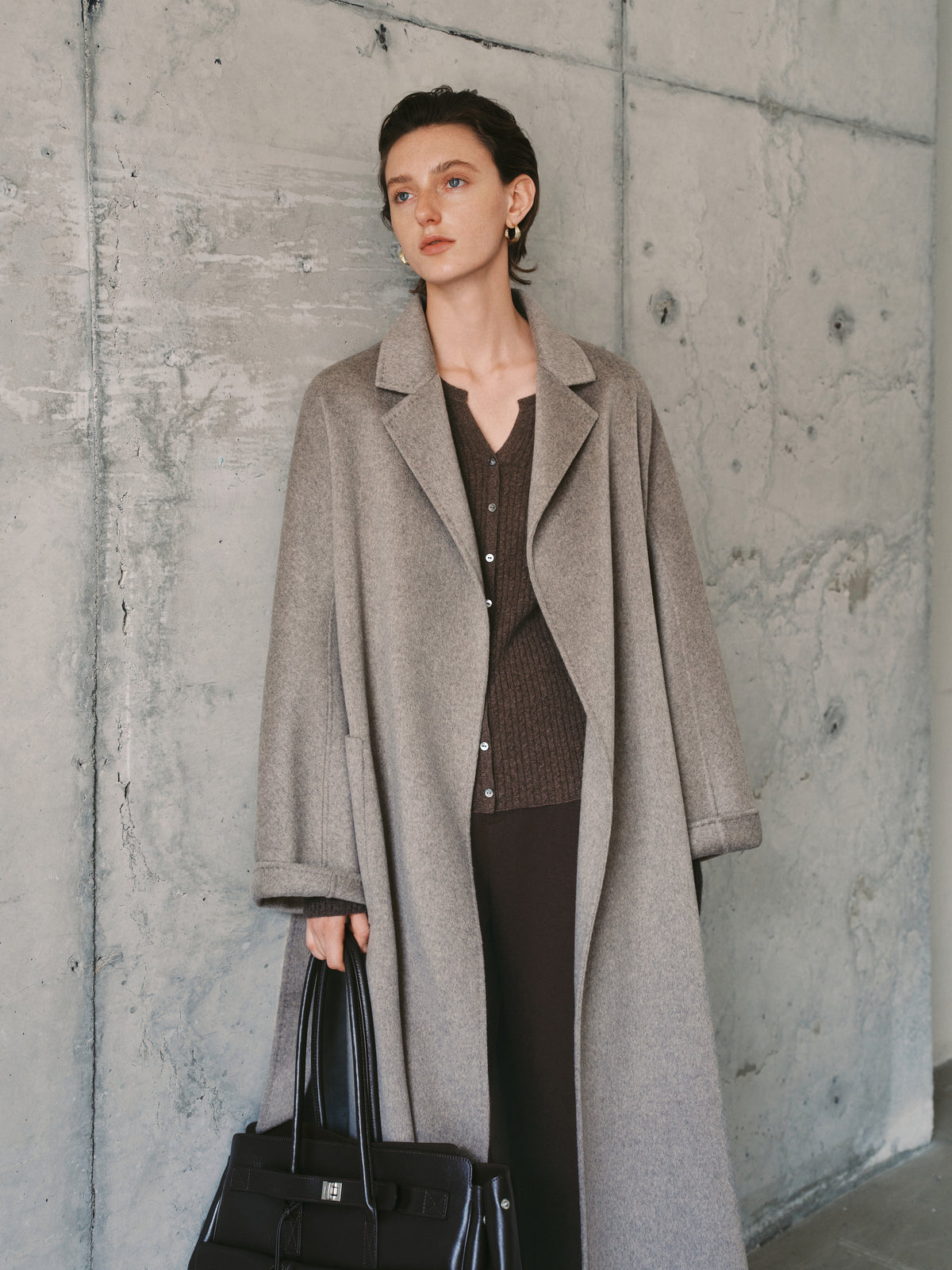 Gray Midi Cashmere Wrap Coat