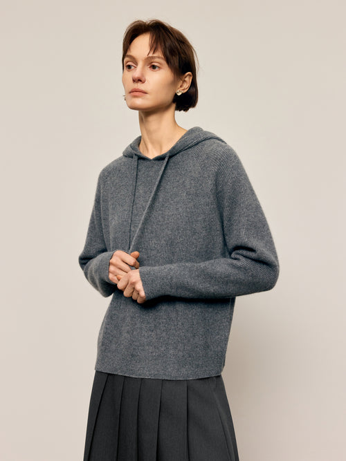 Load image 1 in gallery view. Cashmere Rib-Knit Hooded Sweater