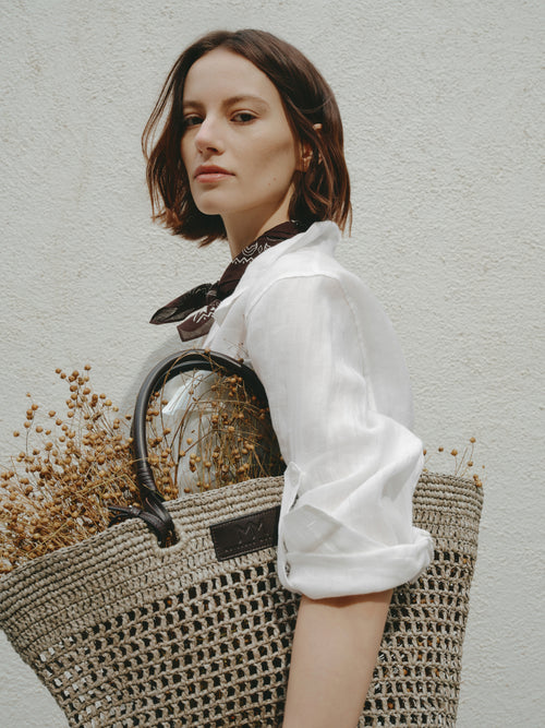 Load image 1 in gallery view. Woven Open-Knit Raffia Tote Bag