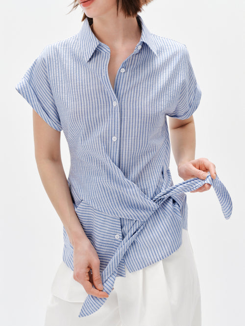 Load image 1 in gallery view. Striped Cotton-Linen Tie-Waist Shirt