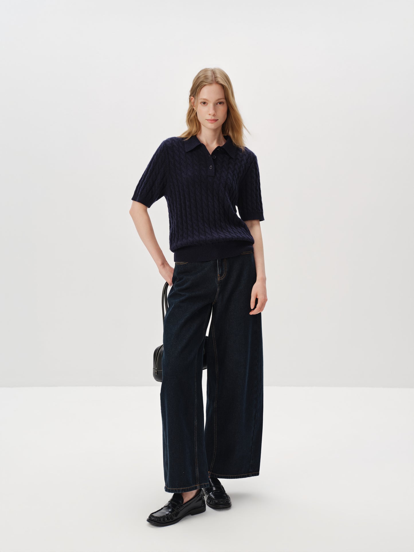 100% Pure Cashmere Cable-Knit Short Sleeve Polo