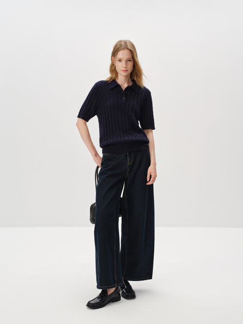 Load image 1 in gallery view. 100% Pure Cashmere Cable-Knit Short Sleeve Polo