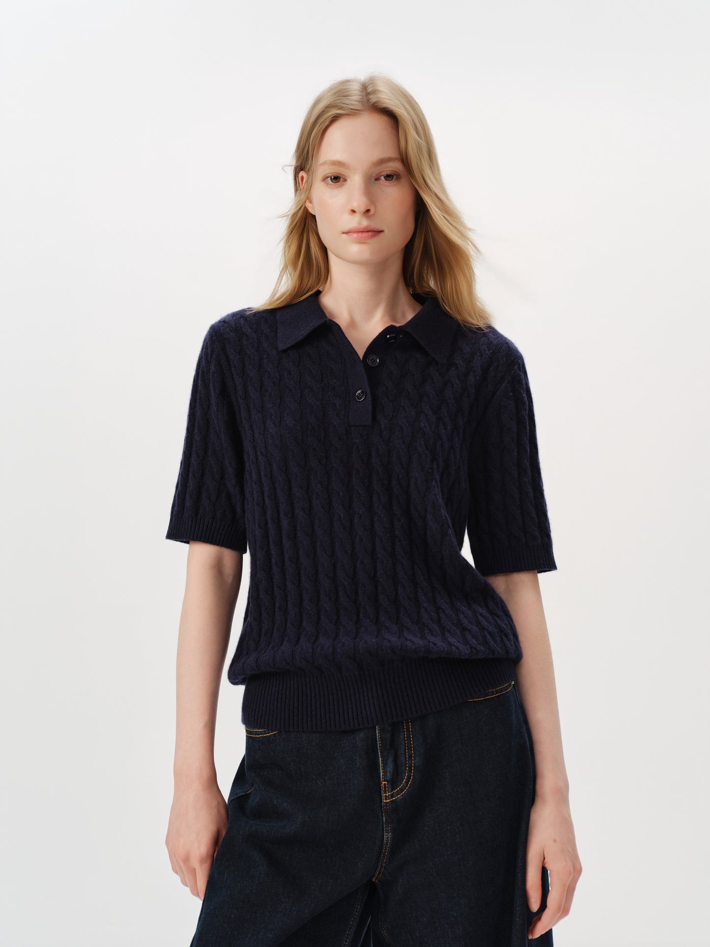 100% Pure Cashmere Cable-Knit Short Sleeve Polo