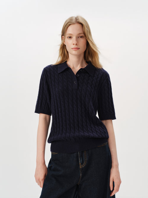 Load image 1 in gallery view. 100% Pure Cashmere Cable-Knit Short Sleeve Polo