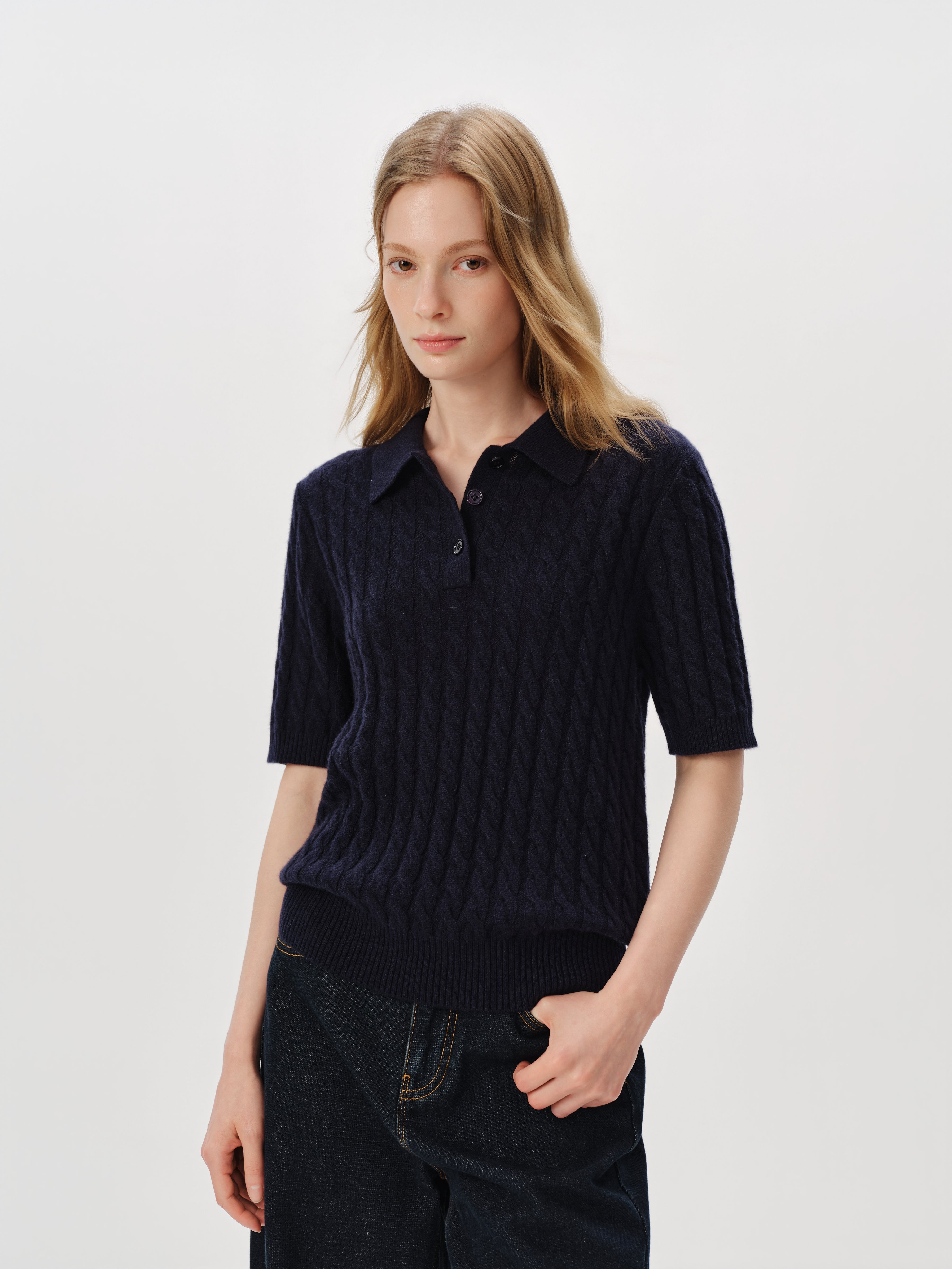 100% Pure Cashmere Cable-Knit Short Sleeve Polo – MEILLEUR MOMENT