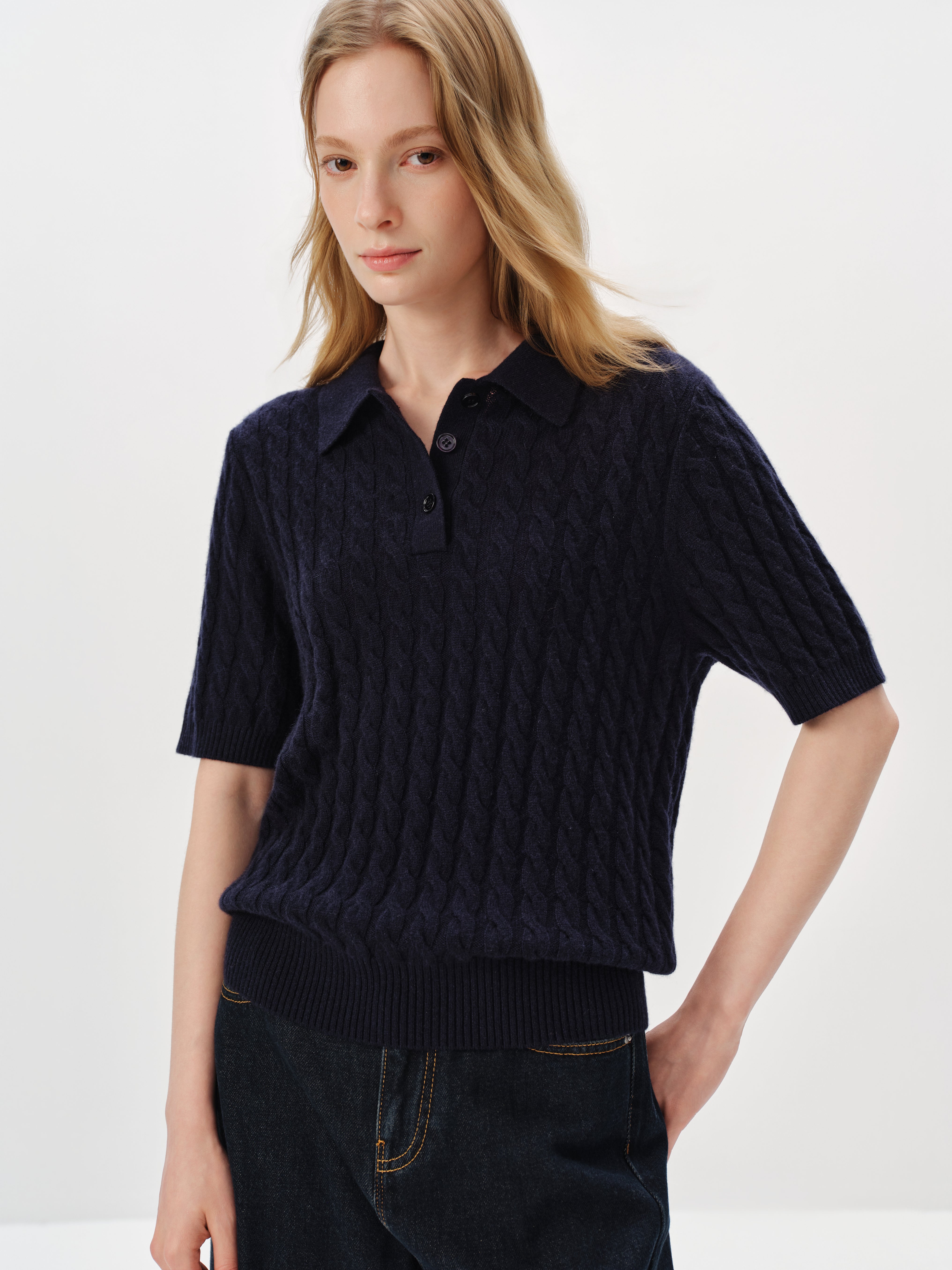 100% Pure Cashmere Cable-Knit Short Sleeve Polo – MEILLEUR MOMENT