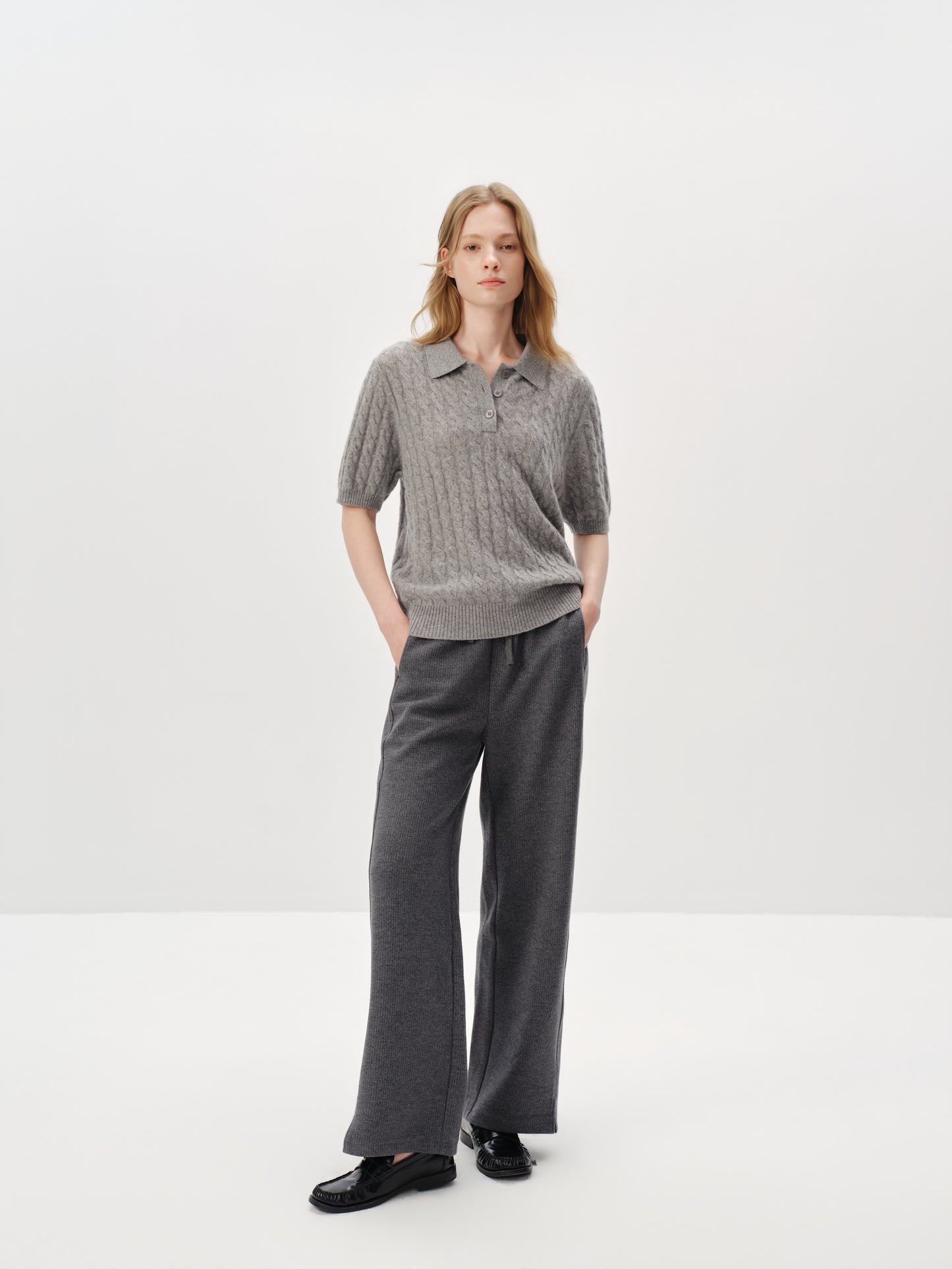 100% Pure Cashmere Cable-Knit Short Sleeve Polo