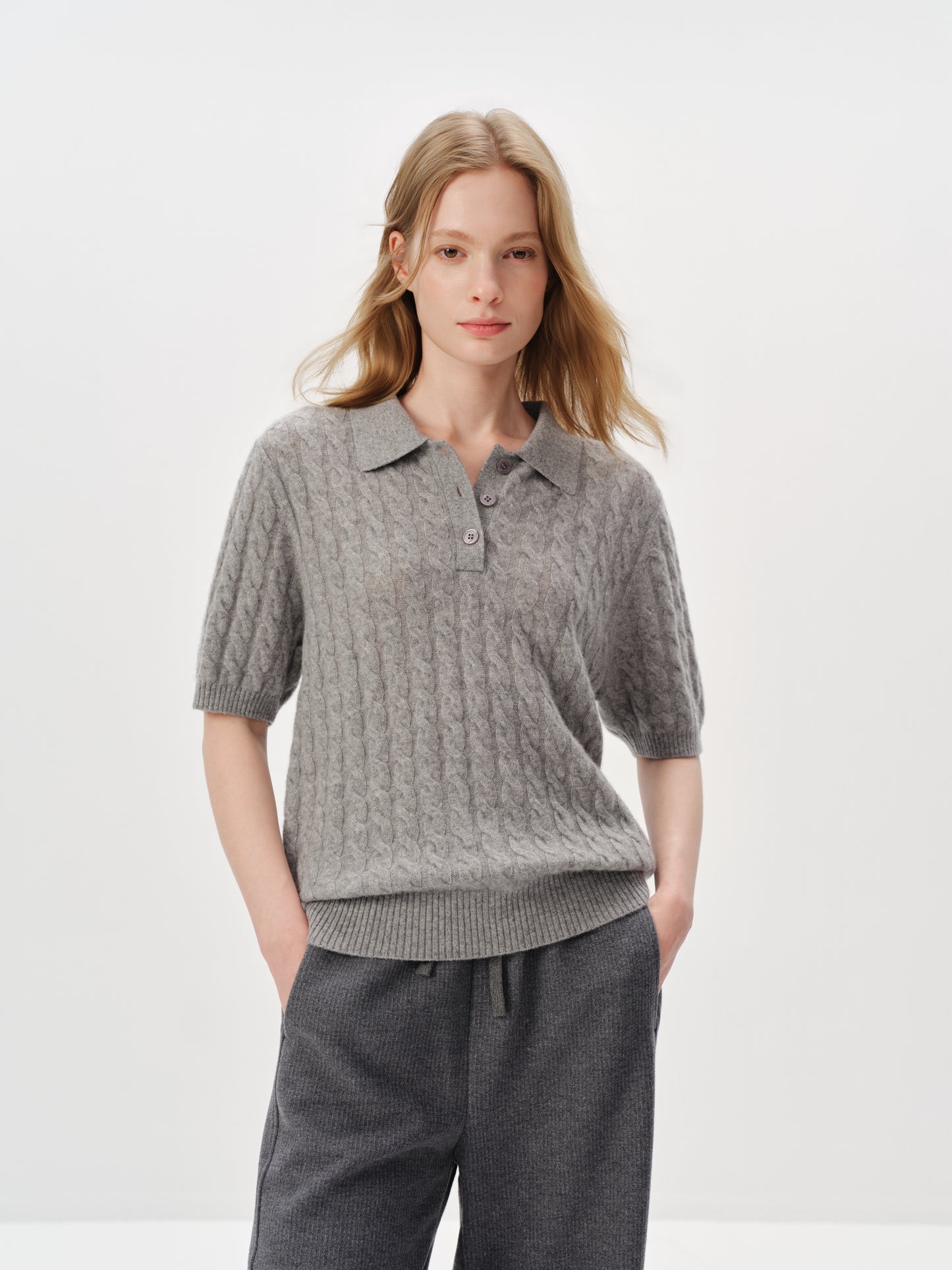 100% Pure Cashmere Cable-Knit Short Sleeve Polo