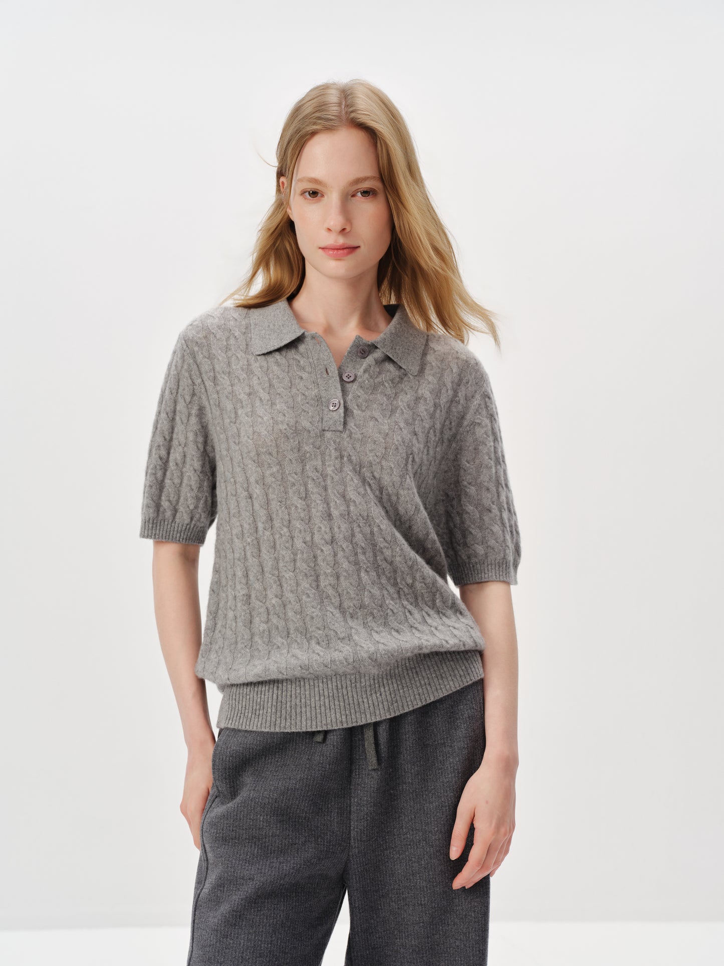100% Pure Cashmere Cable-Knit Short Sleeve Polo