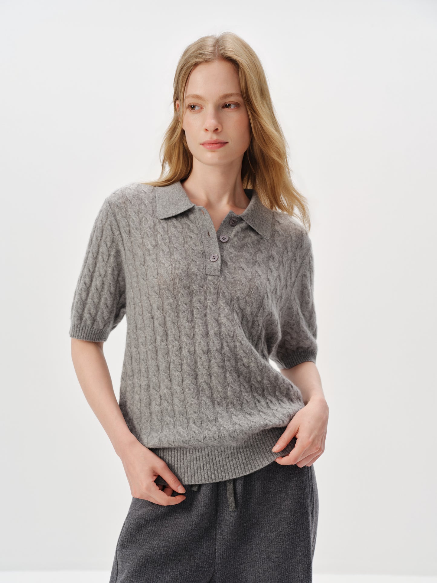 100% Pure Cashmere Cable-Knit Short Sleeve Polo