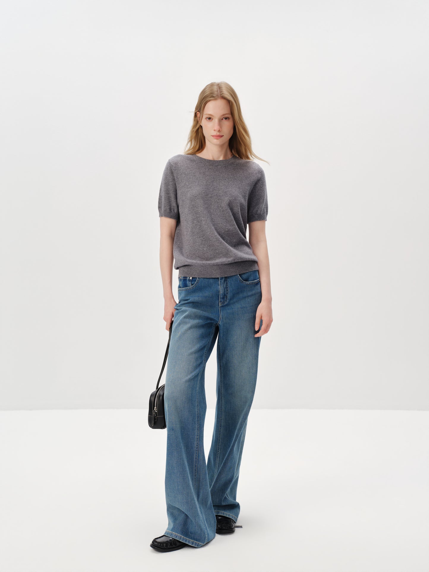Pure Cashmere Structured Shoulder Crewneck Short-Sleeve Sweater