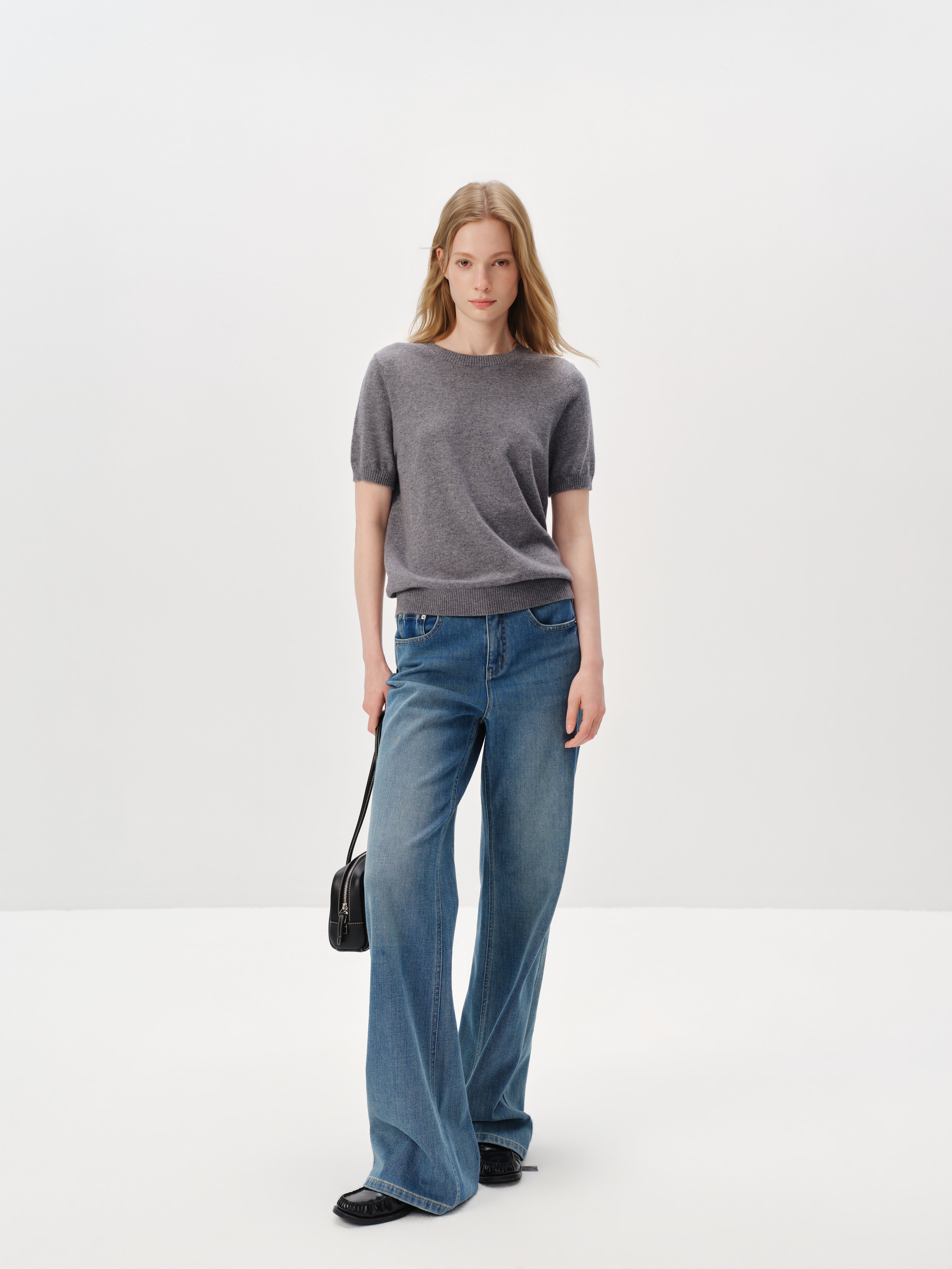 Pure Cashmere Structured Shoulder Crewneck Short-Sleeve Sweater