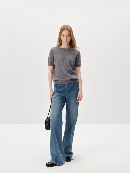 Load image 1 in gallery view. Pure Cashmere Structured Shoulder Crewneck Short-Sleeve Sweater
