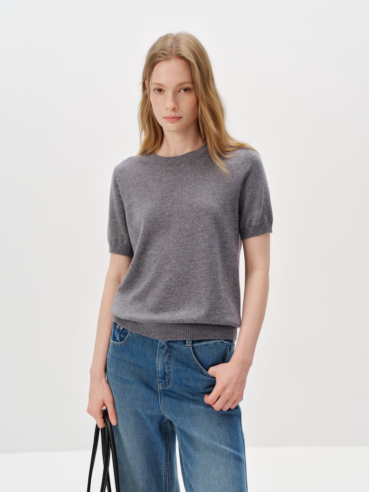 Pure Cashmere Structured Shoulder Crewneck Short-Sleeve Sweater