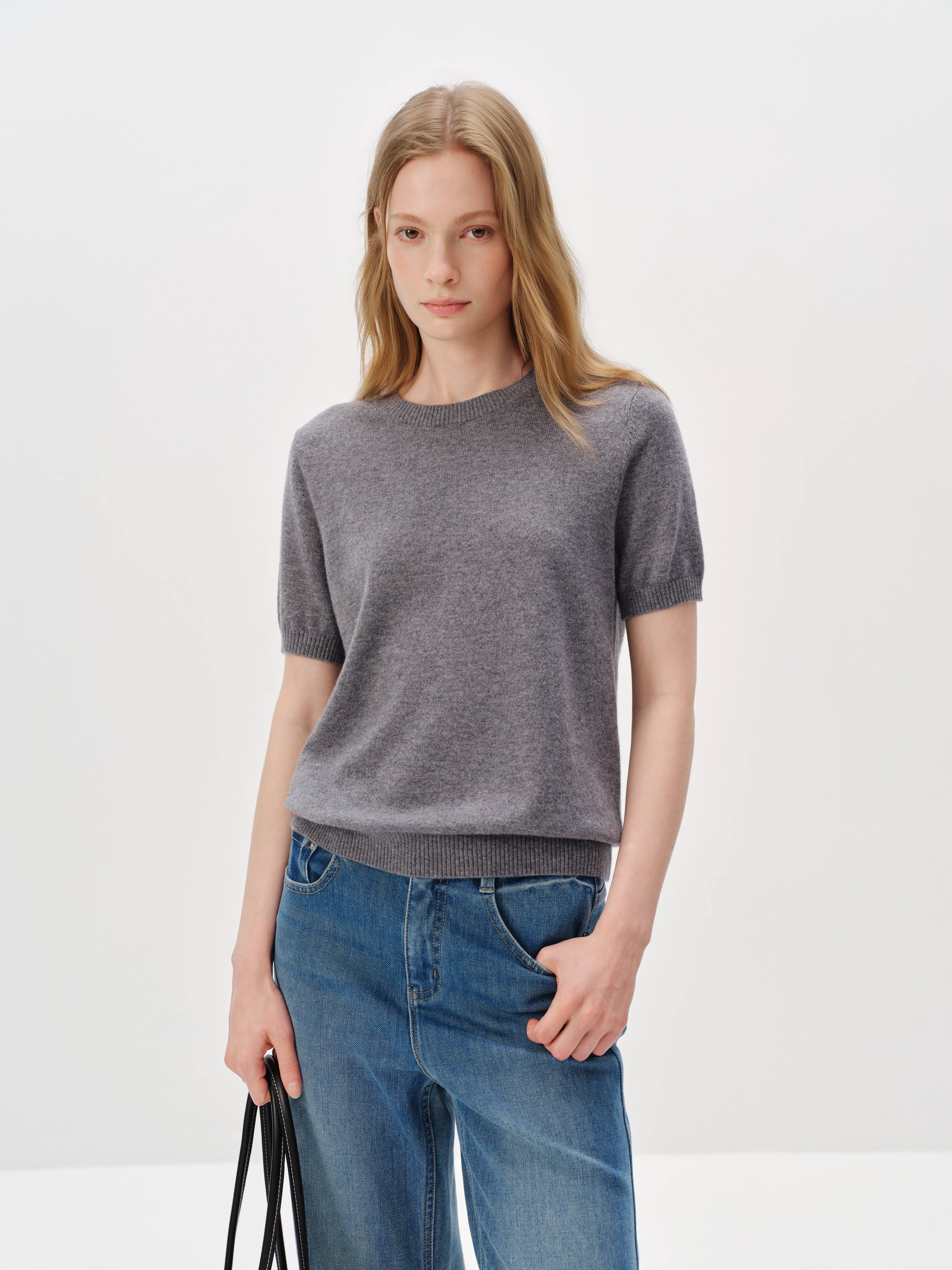 Pure Cashmere Structured Shoulder Crewneck Short-Sleeve Sweater