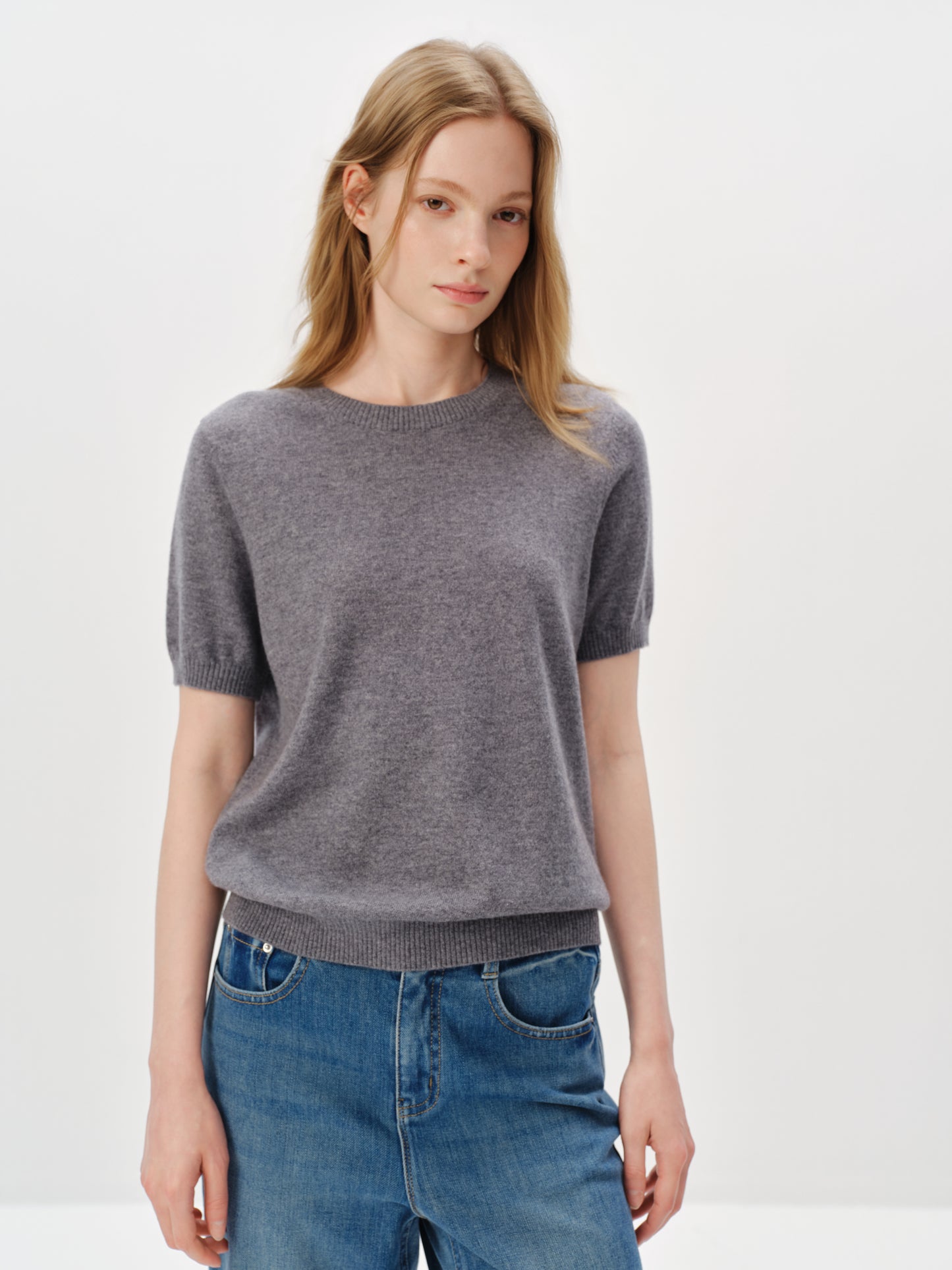 Pure Cashmere Structured Shoulder Crewneck Short-Sleeve Sweater