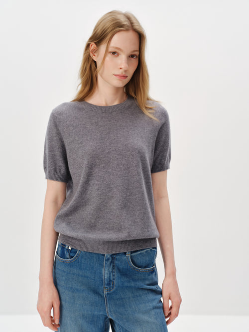 Load image 1 in gallery view. Pure Cashmere Structured Shoulder Crewneck Short-Sleeve Sweater