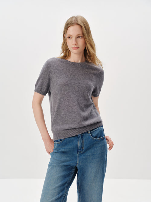 Load image 1 in gallery view. Pure Cashmere Structured Shoulder Crewneck Short-Sleeve Sweater