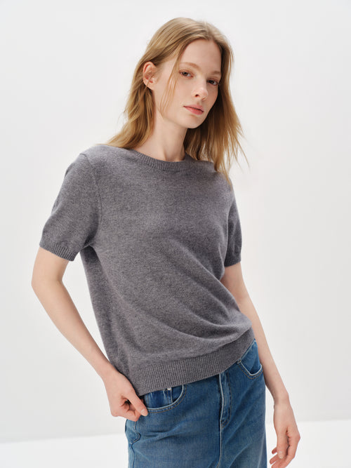 Load image 1 in gallery view. Pure Cashmere Structured Shoulder Crewneck Short-Sleeve Sweater