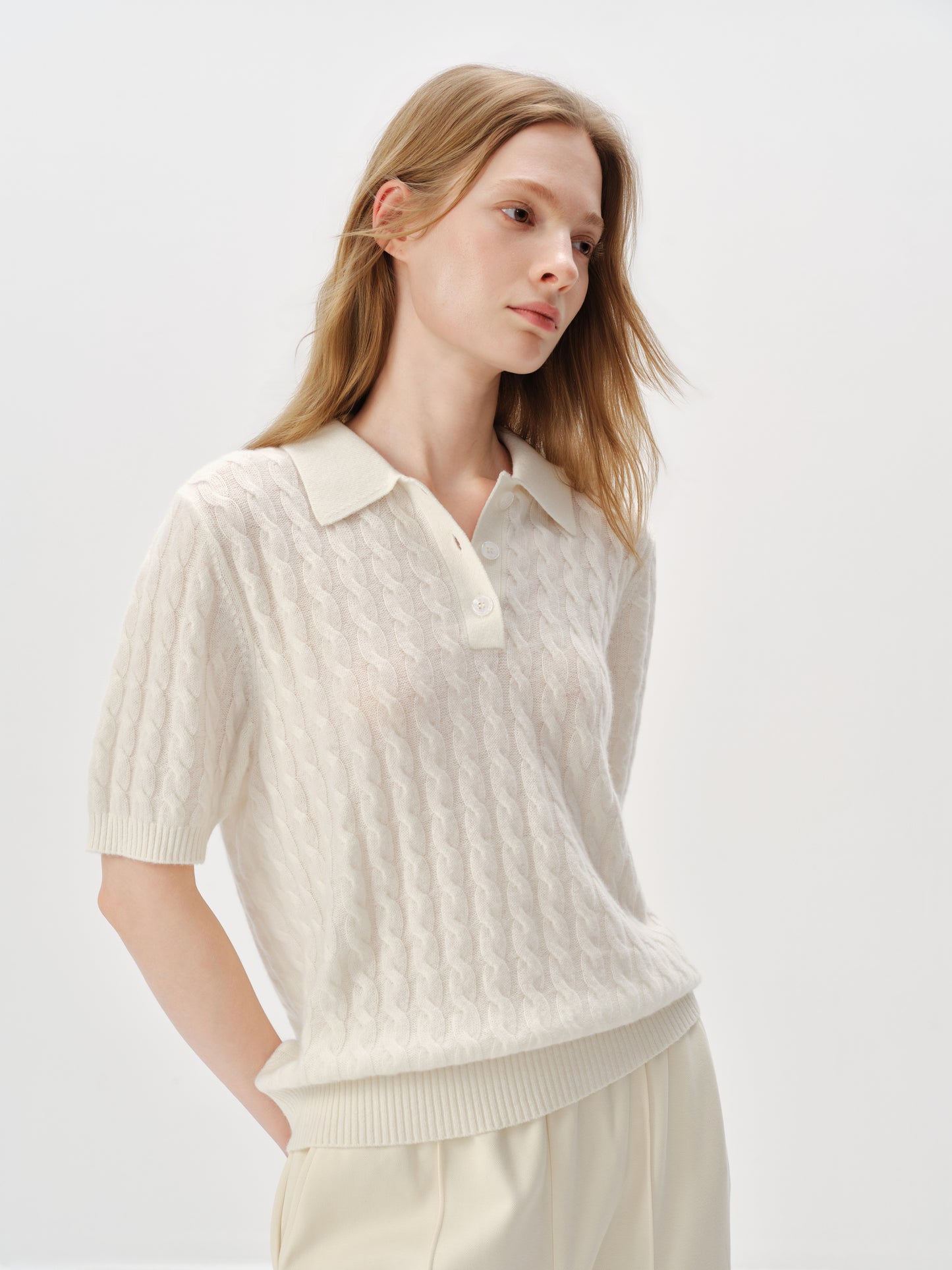 100% Pure Cashmere Cable-Knit Short Sleeve Polo