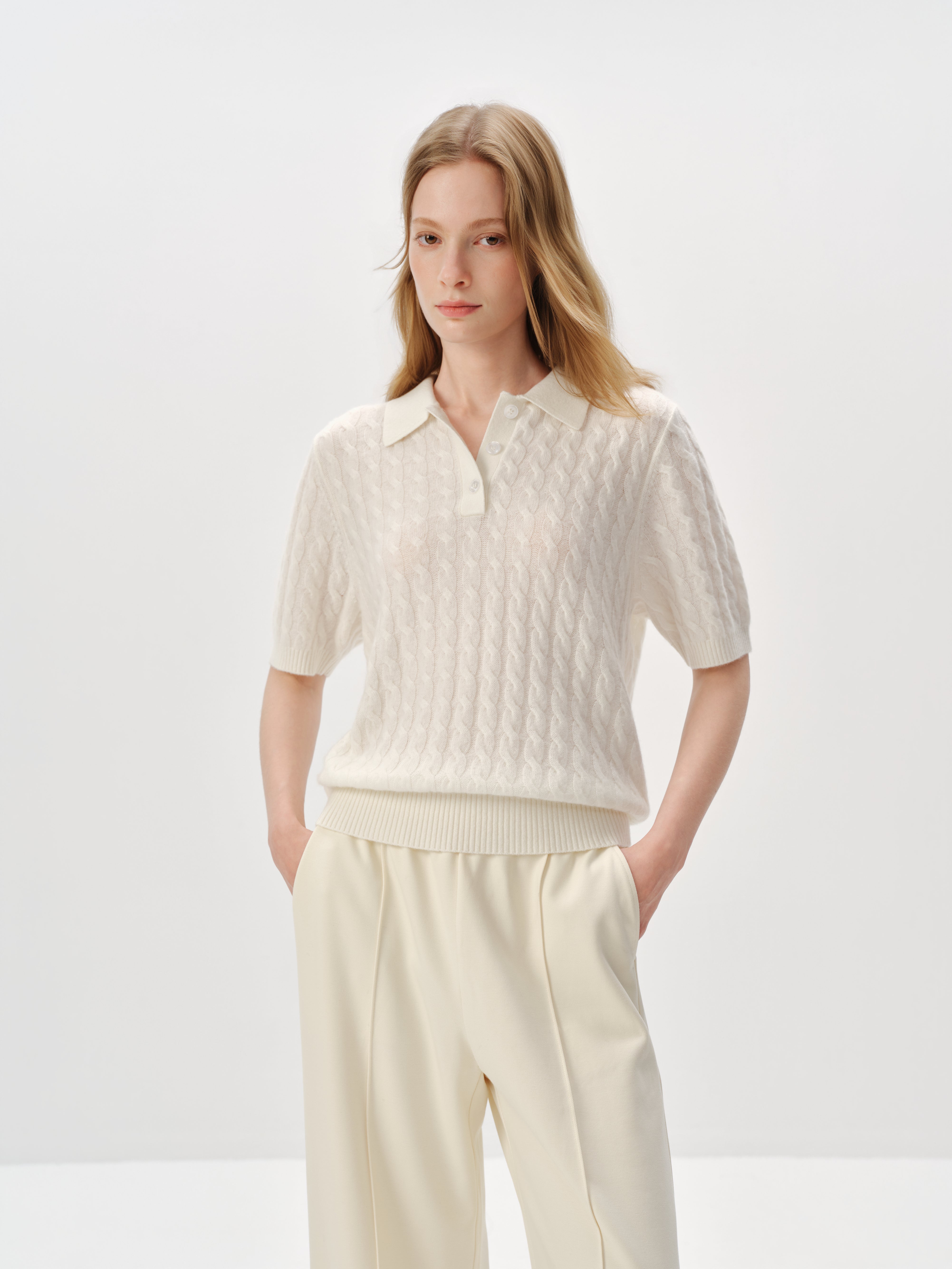 100% Pure Cashmere Cable-Knit Short Sleeve Polo