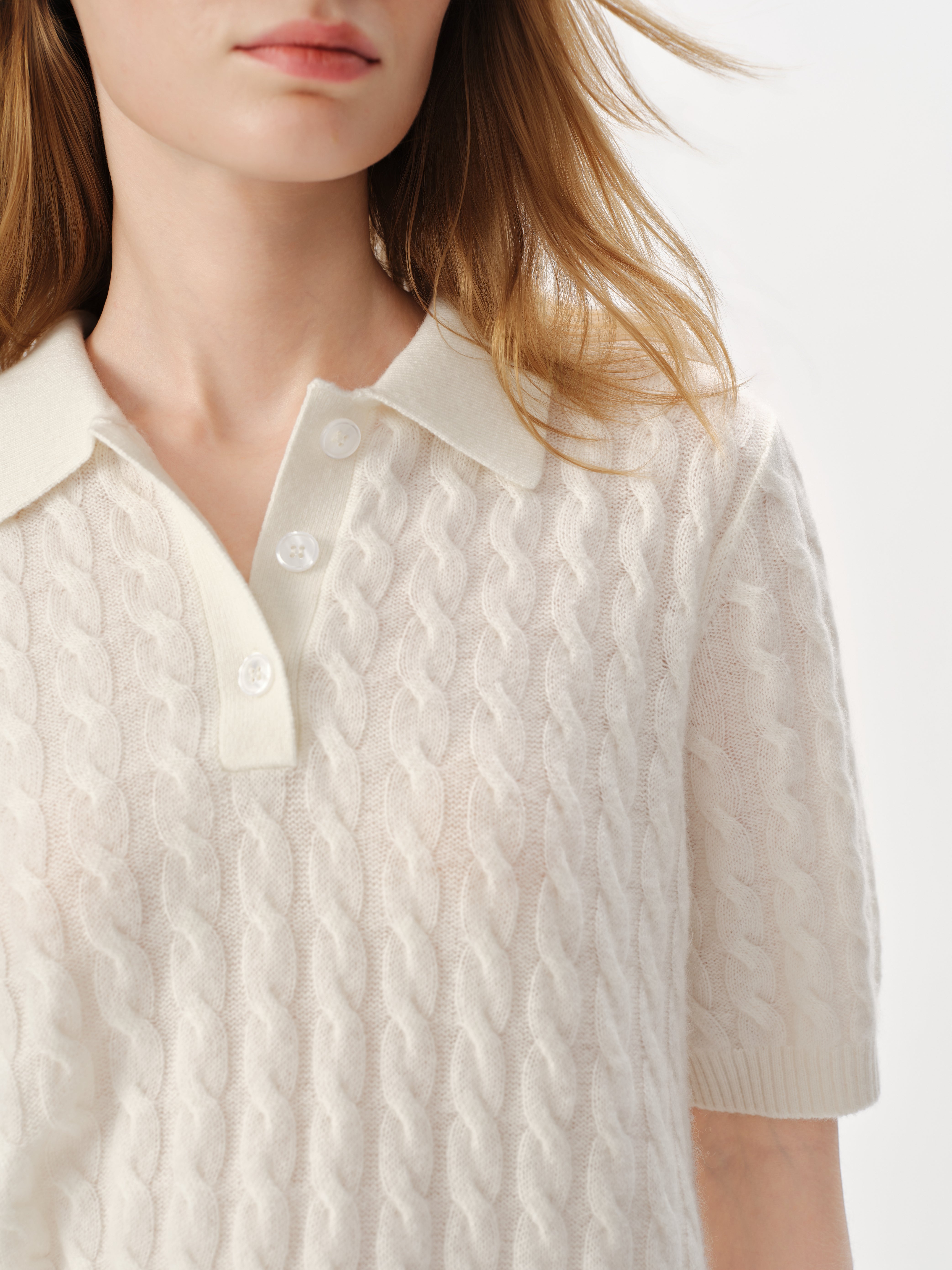 100% Pure Cashmere Cable-Knit Short Sleeve Polo