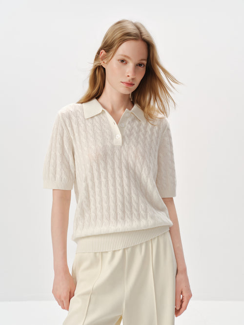 Load image 1 in gallery view. 100% Pure Cashmere Cable-Knit Short Sleeve Polo