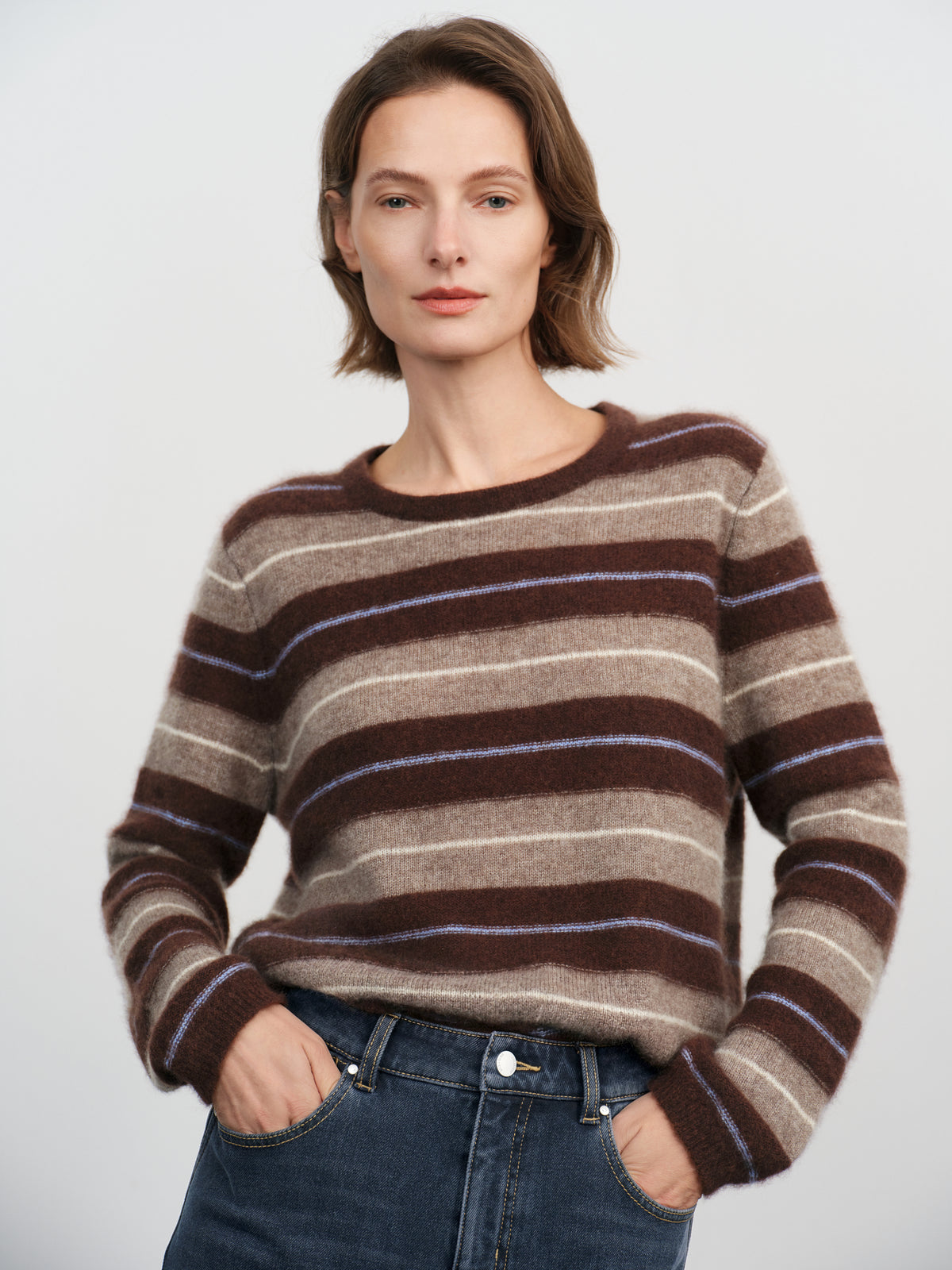 Striped Cashmere-Silk Crewneck Sweater