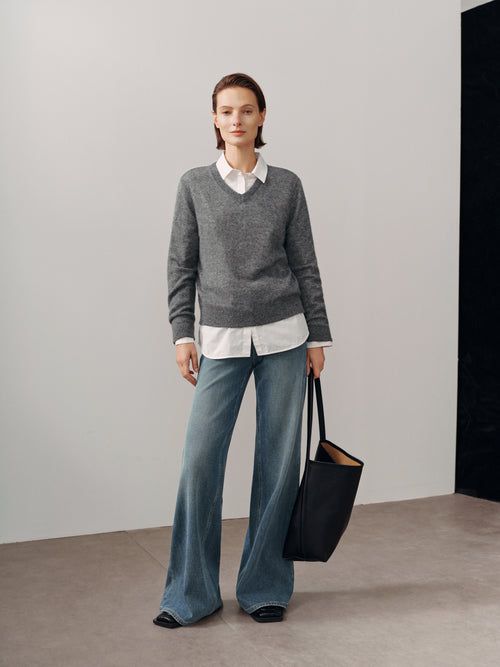 Load image 1 in gallery view. Brushed Cashmere-Silk V-Neck Sweater