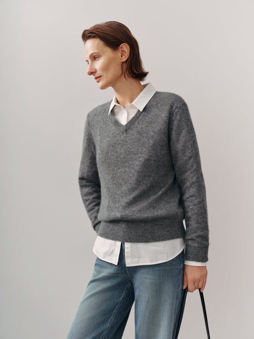 Load image 1 in gallery view. Brushed Cashmere-Silk V-Neck Sweater