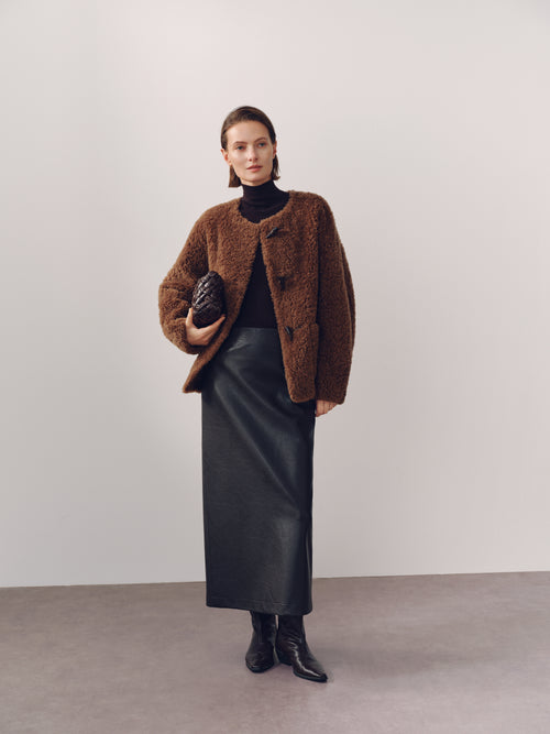 Load image 1 in gallery view. Pure Wool Shearling Jacket with Structured Collar