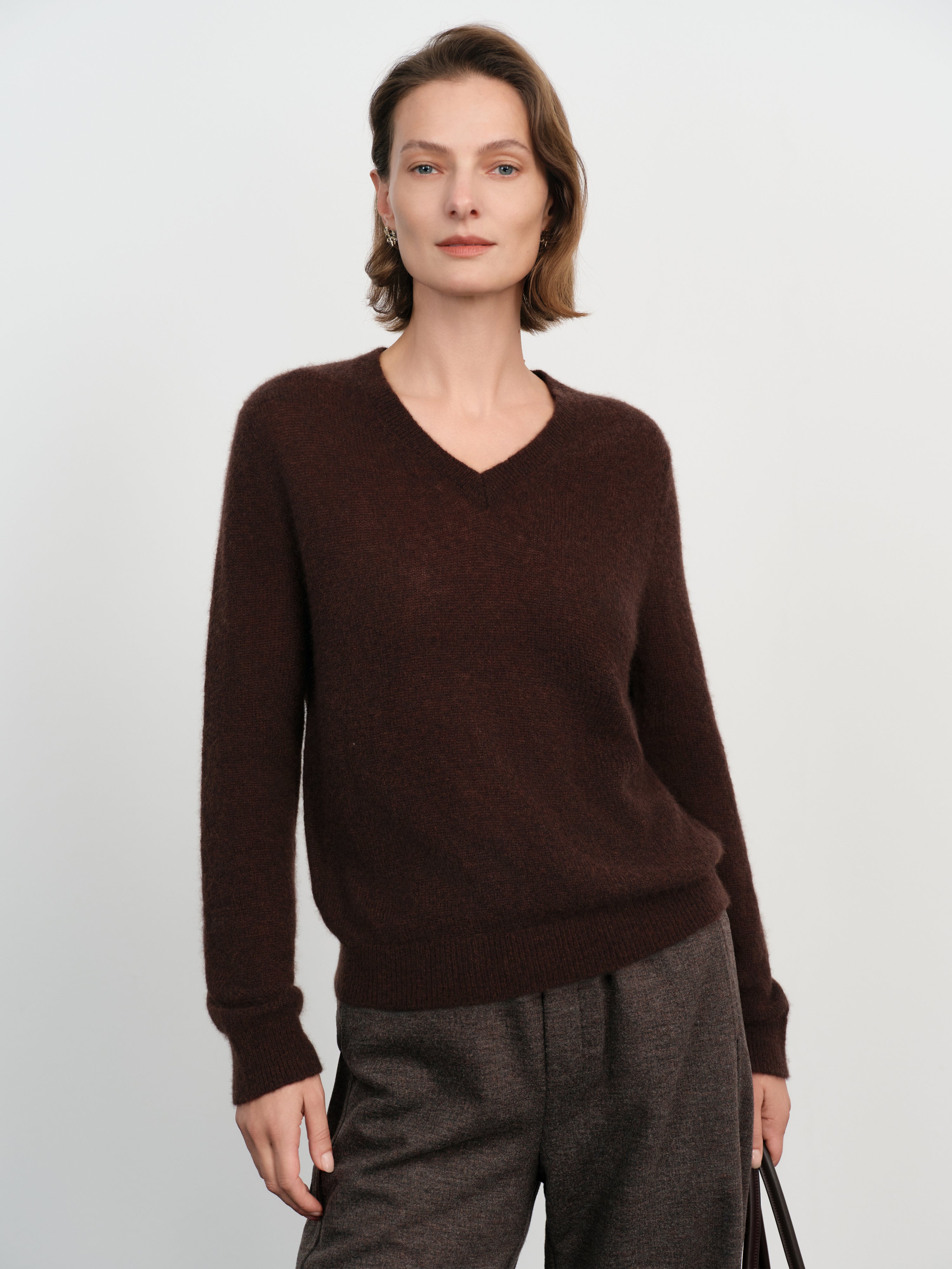 Brushed Cashmere-Silk V-Neck Sweater