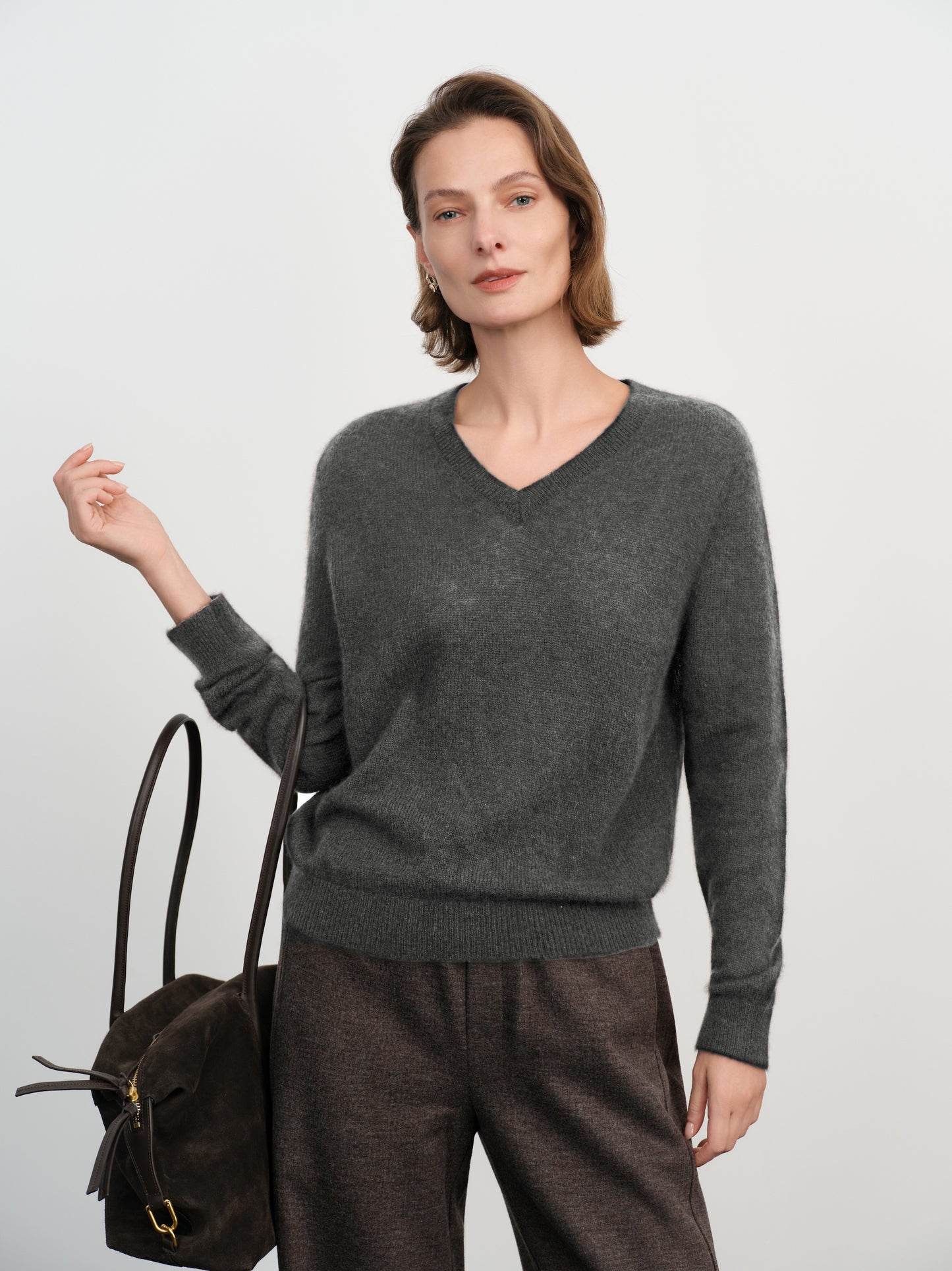 Brushed Cashmere-Silk V-Neck Sweater