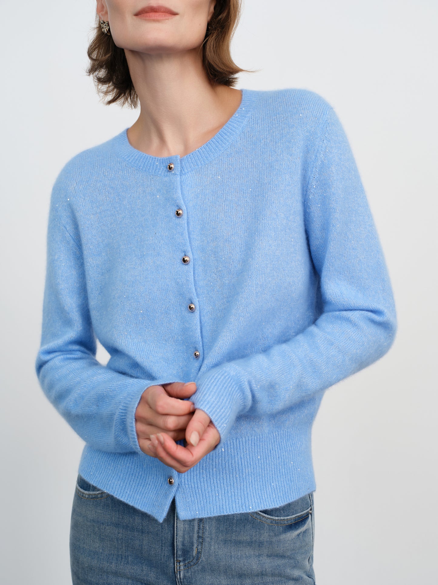 Cashmere-Silk Crewneck Knit Cardigan