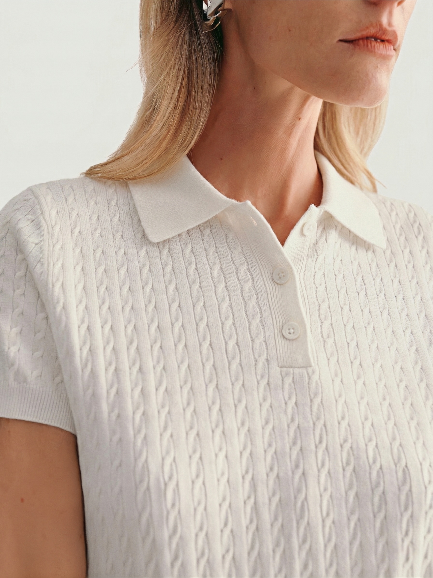 100% Pure Cashmere Cable-Knit Short Sleeve Polo