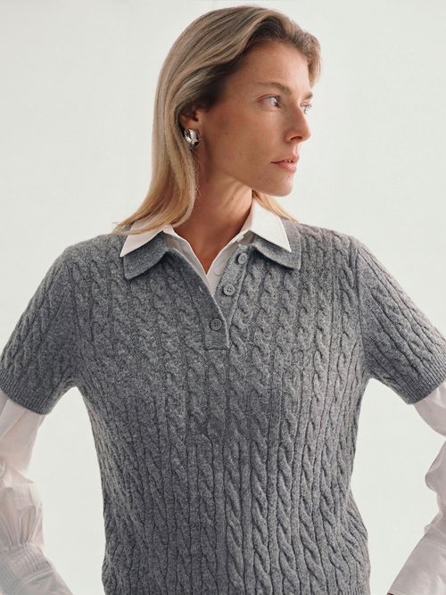 Load image 1 in gallery view. 100% Pure Cashmere Cable-Knit Short Sleeve Polo