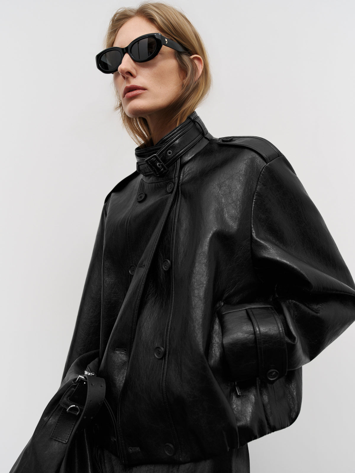 Cropped Stand-Collar Leather Jacket