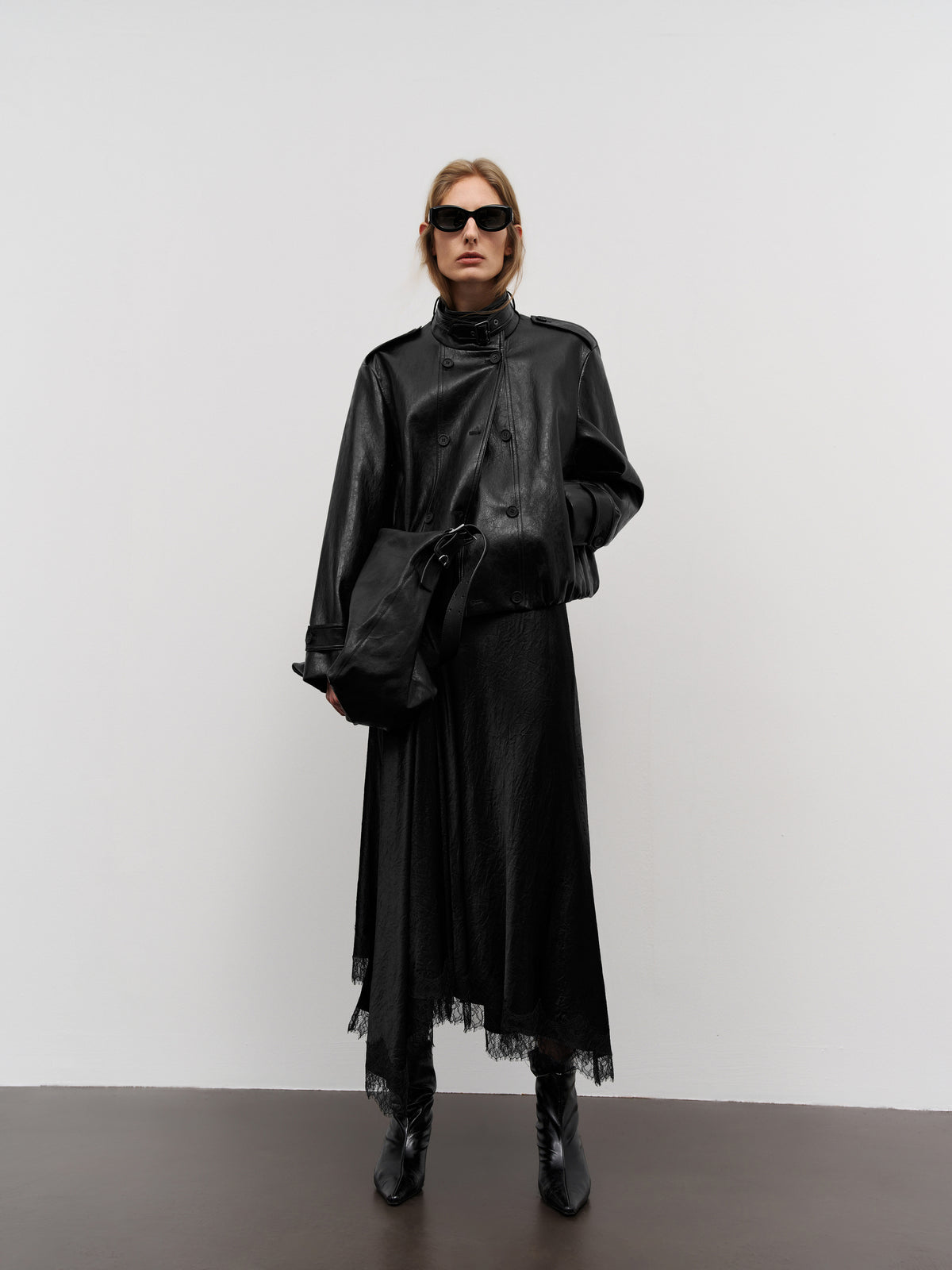 Cropped Stand-Collar Leather Jacket