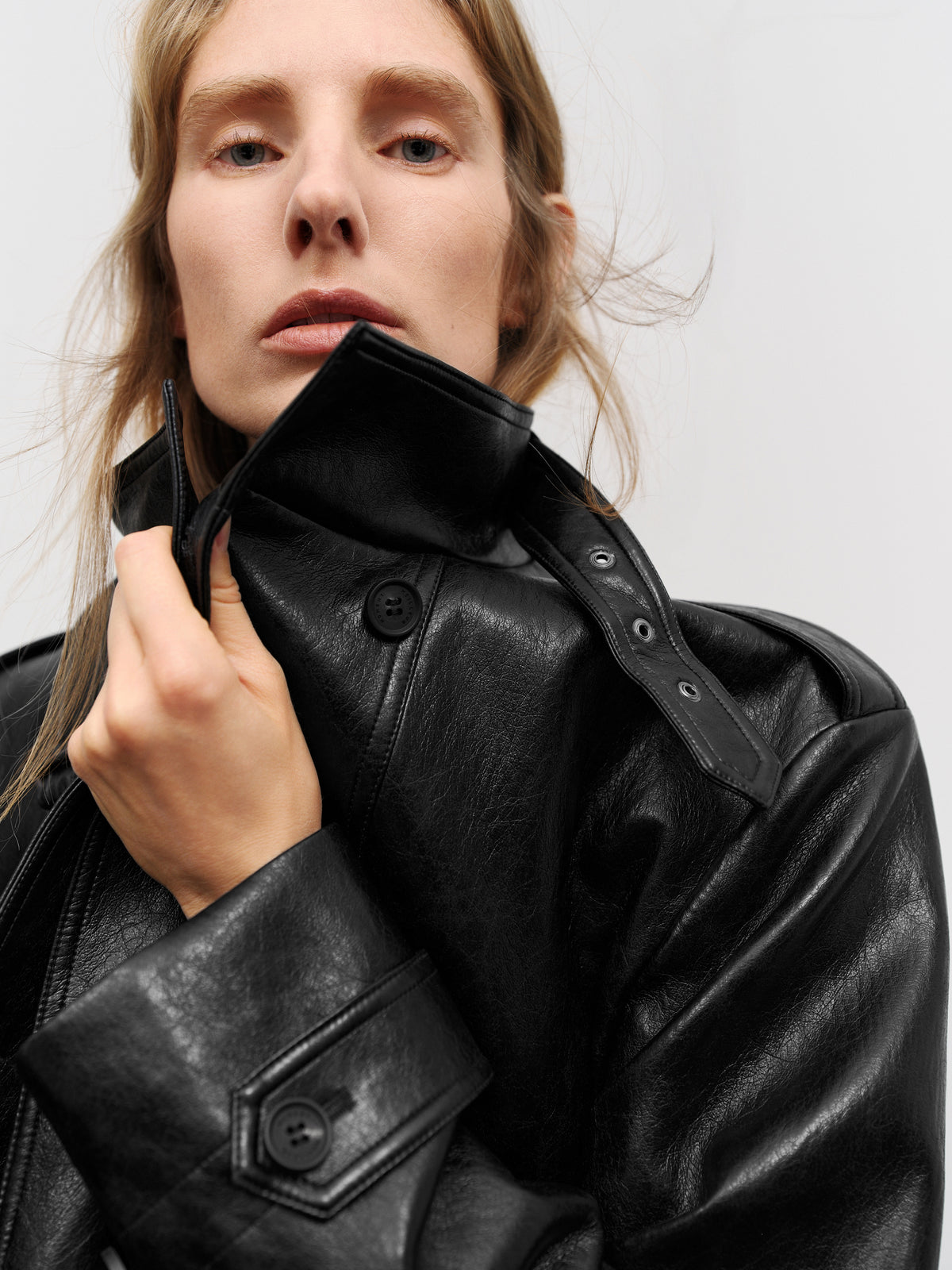 Cropped Stand-Collar Leather Jacket