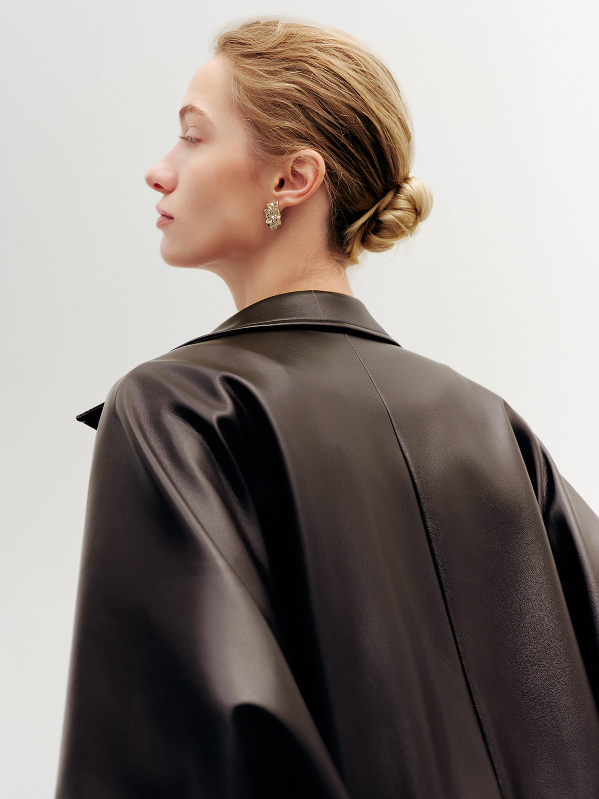 Cropped Leather Jacket with Stand Collar