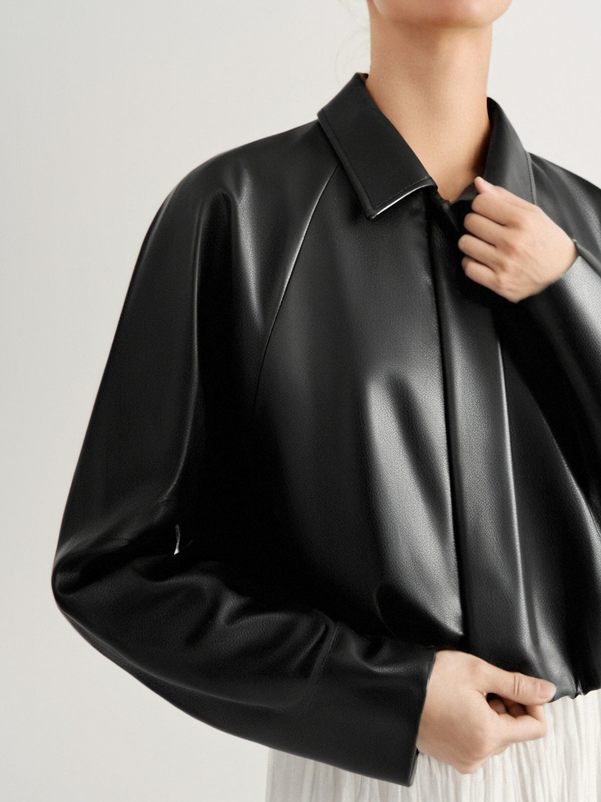 Cropped Leather Jacket with Stand Collar