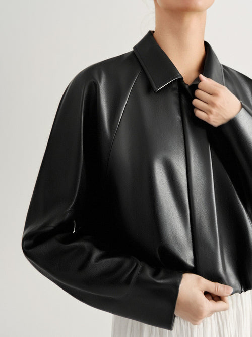 Load image 1 in gallery view. Cropped Leather Jacket with Stand Collar