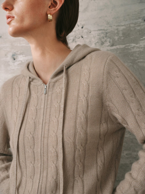 Load image 1 in gallery view. Cable Knit Cashmere Hooded Cardigan