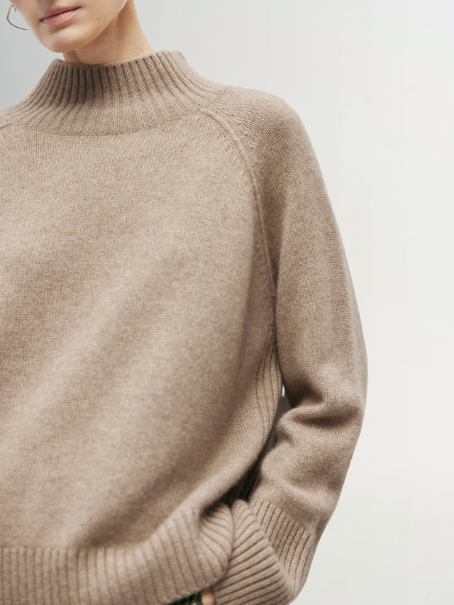 Camel Mock Neck Loose Fit Cashmere Sweater 5EA231061