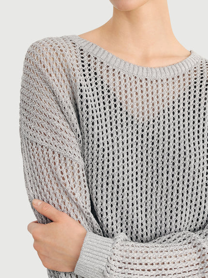 Linen-Blend Crochet Knit Sweater