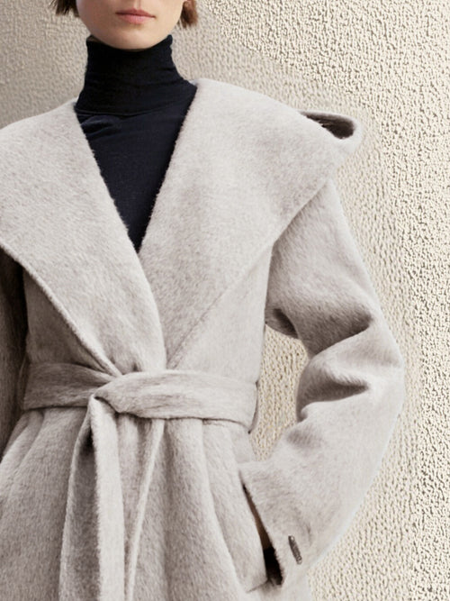 Load image 1 in gallery view. Gray Wool Hooded Tie-Belt Midi Coat