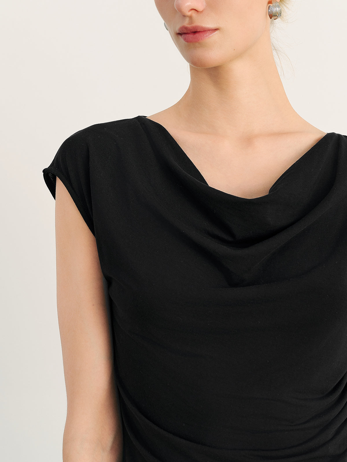 Lyocell Draped Neck Sleeveless Fitted Top
