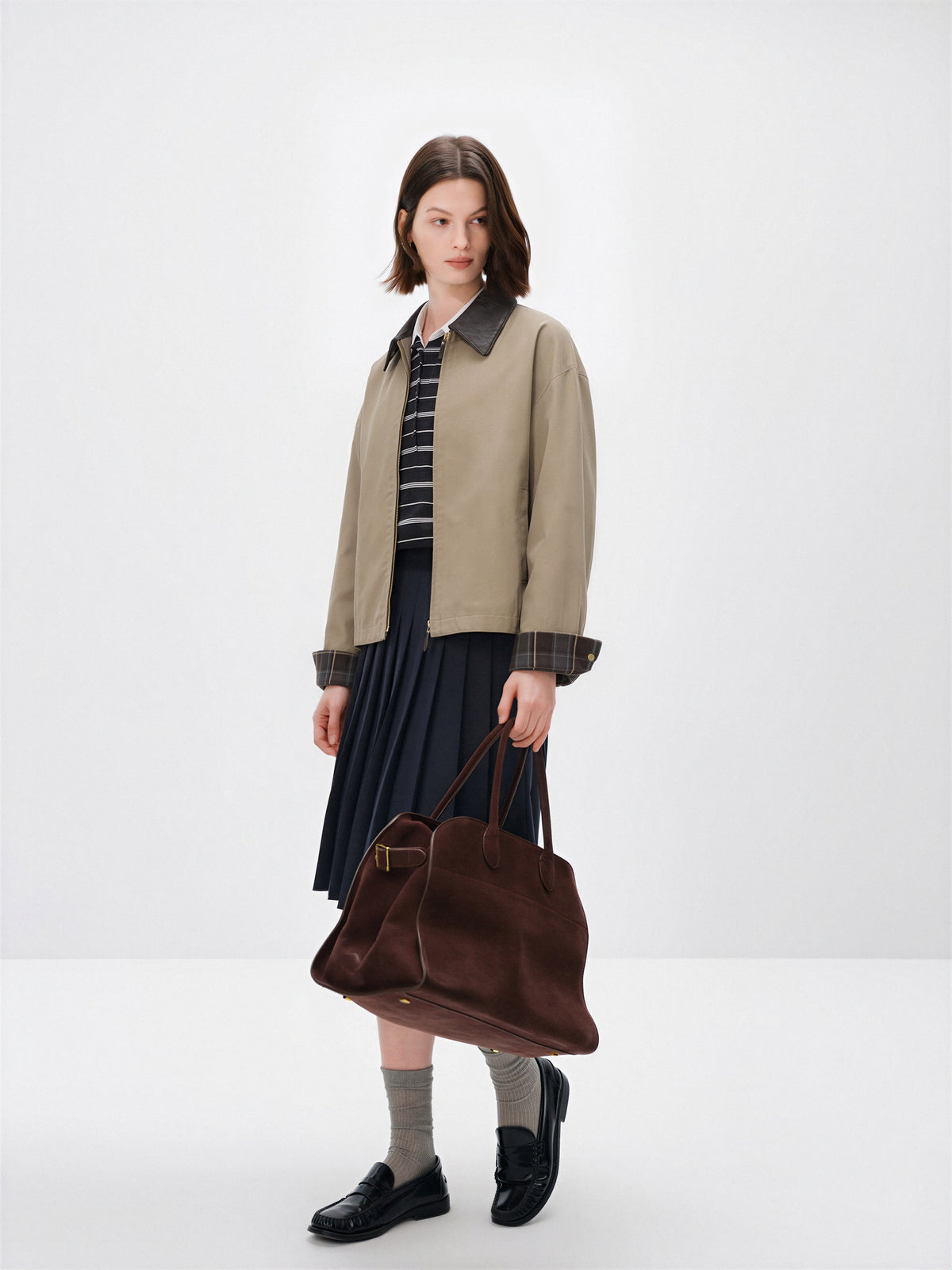 Contrast Leather Collar Zip Jacket