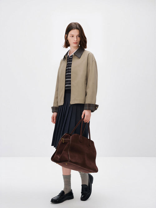 Load image 1 in gallery view. Contrast Leather Collar Zip Jacket